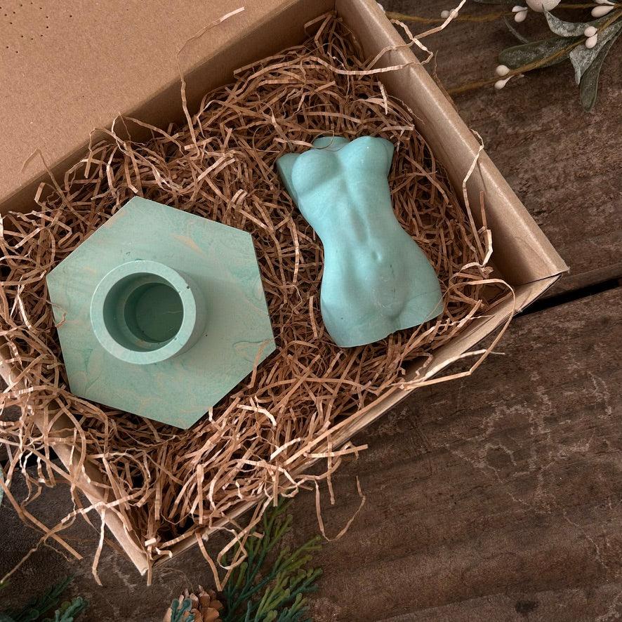Christmas Gift Box Green Female Ornament and Hex Candle HolderLightning Marketing